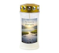 TLB - Vela conmemorativa con diseño "Für immer im Herzen" 70-90 horas de combustión, larga duración, 100% aceite vegetal, color blanco con tapa dorada