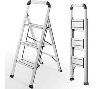 TLGREEN Escalera plegable de aluminio con pasamanos de 3 niveles, resistente a la corrosión, antideslizante, ligera, multifuncional, soporta hasta 150 kg, para cocinas, oficinas, casas y jardines