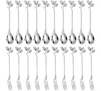 Tlilyy - Juego de tenedores de cuchara de postre (20 unidades, tenedor para tartas, 4,7 pulgadas, cuchara, café, creativa de plata tenedor de frutas de hoja, (10 cucharas+10 tenedores)