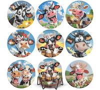 TLIOBLO 8 posavasos de pintura de diamantes de vaca con soporte, posavasos para bebidas de café, diseño de animales, posavasos de diamante con corcho, manualidades para adultos y mujeres