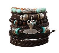 TLLCHYL Pulsera De Cuero,Pulsera De Cuero Marrón De 6 Piezas Con Diseño De Toro Ajustable Multicapa Hecha A Mano Trenzada Con Cuentas De Madera De Bohemia Brazalete Accesorios Unisex