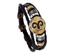 TLLCHYL Pulsera Hombre,Pulsera Del Zodiaco Aries Ajustable A Presión Con 12 Constelaciones Brazaletes De Cuentas para Hombres Y Mujeres Pulseras De Cuero Premium Multicapa Estilo Punk Retro Regalos P