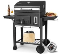 TLSUNNY Parrilla Barbacoa Carbon con Tapa, Barbacoas de Carbon XXL, Parrilla de Carbón Vegetal con Termómetro, Abrebotellas, Ruedas, BBQ Smoker en Jardín y Exteriores, Gran Capacidad, Portatil, Negro