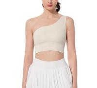 Tmboryuu Brasier deportivo de un solo hombro sin costuras para mujer, acanalado, asimétrico, para yoga, gimnasio, baile, entrenamiento, brasier deportivo esencial de nailon absorbente, beige, XL