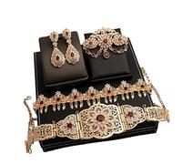 Tmboryuu Conjunto de joyas de cinturón de boda marroquí chapado en oro de lujo para accesorios de novia musulmanes árabes con broche y aretes Joyería de boda árabe