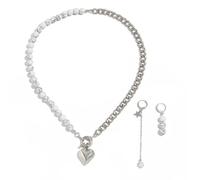 Tmboryuu Pendientes con colgante de corazón y collar y perlas, gargantilla de joyería para mujeres y niñas, collar de cadena de aleación, talla única, como se describe, como se describe