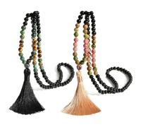 TMTGTS Collar de borla, 2 unidades, cadena Mala, 108 cuentas, cadena de bohemia, cadena de suéter, cadena de budismo, cadena de ágata, piedra natural, joyas para hombres, mujeres, yoga, reiki, chakra,