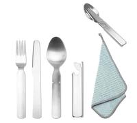 TMZELOA Cubertería de camping de acero inoxidable de 4 piezas con un trapo verde, juego de cubertería del ejército alemán, prácticos cubiertos de viaje al aire libre, se pueden juntar, con cuchillo