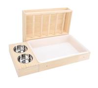 Tnfeeon 3 en 1 Alimentador de Heno de Conejo con Caja de, 2 Cuencos de Acero Inoxidable Conejito de Madera de Madera Alimentando Pesebre Tazón de Alimentación de Carne de India para