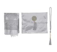 Tnfeeon Estera de Oración Musulmana Bordada de Algodón Suave con Bolsa de Almacenamiento de Cuentas Borla para Meditación de Ramadán Uso Doméstico Gris Plateado