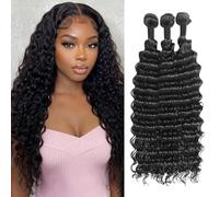 TNICE Deep Wave Human Hair Bundle Brazilian Virgin Curly Hair 16 16 16 Inch | Deep Wave Human Hair Bundles 3Bundles 100% Unprocessed Brazilian Virgin Wet and Wavy Weave Extensions for Women Natural Black