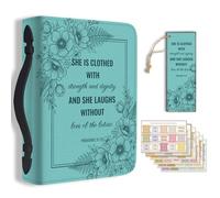 TNKBREEZE Funda de Biblia para mujer, diseño de flores turquesas, piel sintética, funda de libro inspiradora con asa y cremallera, incluye marcapáginas, regalos cristianos, Iglesia, accesorios de