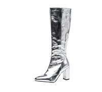 TNMIUH Botas Altas Metalizadas para Mujer - Botas de Fiesta Brillantes Oro y Plata con Tacón de Bloque - Botas de Caña Alta con Punta Fina para Discoteca,Plata,43.5 EU