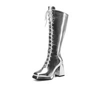 TNMIUH Botas Altas Mujer Metalizado Oro y Plata - Botas con Cordones Tacón Ancho y Punta Cuadrada - Botas de Fiesta Disco Años 70 para Carnaval y Espectáculos,Plata,35.5 EU