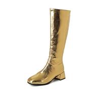TNMIUH Botas Altas Plateadas para Mujer Efecto Metalizado con Punta Cuadrada y Tacón Bloque Medio - Botas Retro Estilo Gogo para Fiesta Carnaval y Disfraz,Oro,37 EU