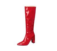 TNMIUH Botas Altas Rodilla Mujer Elegantes, Botas Sexy de Tacón Ancho y Punta Afilada, Estilo Retro Años 60 70 Go Go Boots, Piel Sintética para Fiesta y Eventos,Rojo,37 EU