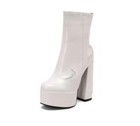 TNMIUH Botas con Plataforma para Mujer, Botines con Tacón Alto 14cm, Botas Media Caña con Diseño de Luna Brillante de Charol, Zapatos de Fiesta Blanco, Negro, Rosa,Blanca,41.5 EU