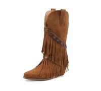 TNMIUH Botas Cowboy con Flecos para Mujer Estilo Western Botines con Flecos Cuña Oculta Gamuza Bohemio Festival,Marrón,37.5 EU