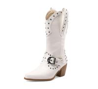 TNMIUH Botas Cowboy Mujer Botas Western con Tachuelas Estilo Campero Punta Puntiaguda Botas de Media Caña Tacón Ancho Color Blanco Negro,Blanca,35.5 EU