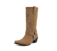TNMIUH Botas Cowboy para Mujer Estilo Western con Tachuelas Botines de Gamuza con Tacón Ancho Punta Cuadrada Botas de Moto con Hebilla,Beige,43 EU
