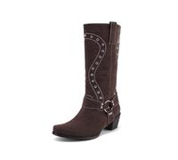 TNMIUH Botas Cowboy para Mujer Estilo Western con Tachuelas Botines de Gamuza con Tacón Ancho Punta Cuadrada Botas de Moto con Hebilla,Marrón,40 EU