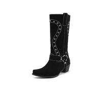 TNMIUH Botas Cowboy para Mujer Estilo Western con Tachuelas Botines de Gamuza con Tacón Ancho Punta Cuadrada Botas de Moto con Hebilla,Negro,35.5 EU