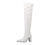 TNMIUH Botas por Encima de la Rodilla Mujer Negro Rojo Blanco Charol Tacón Ancho Punta Estrecha Sexy Botas Altas de Muslo Gogo Boots Fiesta Club Invierno Moda,Blanca,44 EU