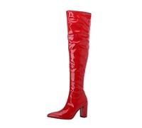 TNMIUH Botas por Encima de la Rodilla Mujer Negro Rojo Blanco Charol Tacón Ancho Punta Estrecha Sexy Botas Altas de Muslo Gogo Boots Fiesta Club Invierno Moda,Rojo,36 EU
