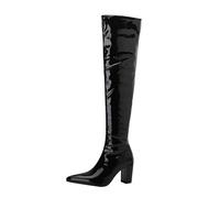 TNMIUH Botas por Encima de la Rodilla Mujer Negro Rojo Blanco Charol Tacón Ancho Punta Estrecha Sexy Botas Altas de Muslo Gogo Boots Fiesta Club Invierno Moda,Negro,43.5 EU
