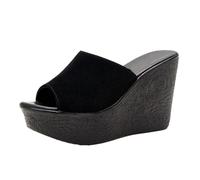 TNMIUH Sandalias con Cuña Mujer Plataforma Mules Piel Auténtica Suede Chanclas Punta Abierta Tacón Alto Slip-on Zapatos de Verano Negro 11cm,Negro,35 EU