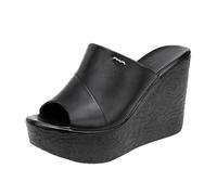 TNMIUH Sandalias de Cuña con Plataforma para Mujer, Negro, Cuero, Peep Toe, Tacón Alto 11cm, Mule Estilo Casual,Negro,35 EU