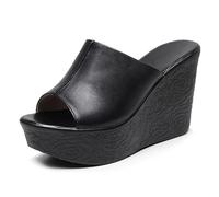 TNMIUH Sandalias de Cuña con Plataforma para Mujer, Negro, Cuero, Peep Toe, Tacón Alto 11cm, Mule Estilo Casual,Negro,40 EU