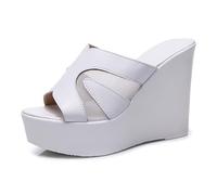 TNMIUH Sandalias de Cuña para Mujer, Plataform, Diseño Mule con Malla, Estilo Casual Verano Cuero Sandalias, Negro y Blanco,White 11.5cm,36 EU