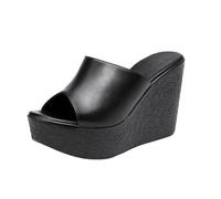 TNMIUH Sandalias de Plataforma con Cuña Alta para Mujer, Mules de Cuero Negro, Zapatos de Verano con Punta Abierta, Altura de Plataforma 11cm,Negro,35 EU