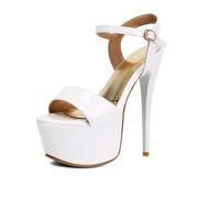 TNMIUH Sandalias de Tacón Alto con Plataforma para Mujer, Stilettos Sexys de 16CM de Charol, Zapatos de Fiesta con Hebilla para Boda, Discoteca, Graduación, Pole Dance,Blanca,37.5 EU