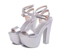 TNMIUH Sandalias de Tacón Ancho con Plataforma para Mujer Tacones Sexys de 16CM con Zapatos de Fiesta de Charol Metalizado para Discoteca, Graduación, Pole Dance,Plata,36 EU