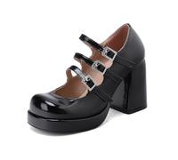 TNMIUH Zapatos Mary Jane con Plataforma para Mujer Zapatos de Tacón Ancho de Charol Triple Hebilla de Brillantes Estilo Lolita Gótica Zapatos de Vestir Retro con Punta Cuadrada,Negro,35 EU