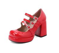 TNMIUH Zapatos Mary Jane con Plataforma para Mujer Zapatos de Tacón Ancho de Charol Triple Hebilla de Brillantes Estilo Lolita Gótica Zapatos de Vestir Retro con Punta Cuadrada,Rojo,43.5 EU