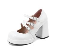 TNMIUH Zapatos Mary Jane con Plataforma para Mujer Zapatos de Tacón Ancho de Charol Triple Hebilla de Brillantes Estilo Lolita Gótica Zapatos de Vestir Retro con Punta Cuadrada,Blanca,35.5 EU