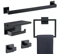 TNOMS Juego de 5 Accesorios de baño de Color Negro, Incluye toallero de 23.6 Pulgadas, Gancho para Toalla y Soporte para Papel higiénico con Estante, Juego de Accesorios de baño de Acero Inoxidable