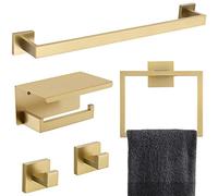 TNOMS Juego de 5 Piezas de Accesorios de baño de 23.6 Pulgadas, Barra de Toalla Dorada, toallero, Anillo de Toalla, Gancho y Soporte para Papel higiénico con Estante montado en la Pared, Juego de