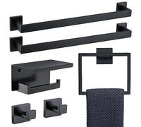 TNOMS Juego de 6 Piezas de Accesorios de baño Negros de 23.6 Pulgadas, Barra de Toalla Doble, toallero, Gancho y Soporte para Papel higiénico con Estante montado en la Pared, Juego de Accesorios de