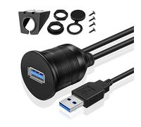 TNP Cable USB 3.0 Coche empotrable Redondo - 2m, Cable USB de Montaje Empotrado Macho a Hembra - 1 Puerto, Conector aux de extensión Impermeable para Coche, salpicadero, Barco, Motocicleta, Negro