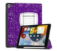 TNP Case for iPad 9th Gen 2021/iPad 8th 2020/iPad 7th 2019 Generation Protective Cover with Pencil Holder - 10.2 Inch Slim Soft TPU Trifold Stand PU Leather Folio - Composition Book Purple