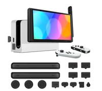 TNP - Juego de protección para Nintendo Switch, incluye protector de pantalla de cristal y 13 tapas de goma, tapones de goma antideslizantes a prueba de polvo con protector de pantalla antiarañazos,
