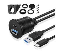 TNP USB C + USB 3.0 Cable de montaje empotrado - 1m, Cable USB coche empotrable macho a hembra - 2 puertos, Conector adoptador impermeable para coche, salpicadero, barco, motocicleta, Negro