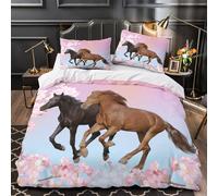 TNSGHAVED Caballo al Galope 3D Impresión Edredón Funda 3pz Microfibra Ligera Floral de Primavera Funda de edredón 2 Fundas Lavable a máquina Decoración habitación Parejas Single (135x200cm)