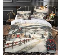 TNSGHAVED Escena de Pueblo Invernal Funda de Edredón con Fundas de Almohada 3 Piezas de poliéster Estampado 3D Cremallera Oculta Pintura de Paisaje navideño Funda Edredon for niños Single（140x200cm）
