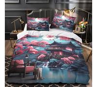 TNSGHAVED Jardín japonés Funda de Edredón Cierre de Cremallera Oculta Juego de 3 Piezas Diseño 3D Incluye Fundas de Almohada Suave Arquitectura Tradicional Funda Edredon for Adultos Single（135x200cm）