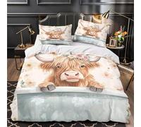 TNSGHAVED Linda Vaca de Las Tierras Altas Funda de Edredón Cierre de Juego de 3 Piezas Impresión 3D Incluye Fundas de Almohada Acuarela Floral Funda Edredon for Ancianos Single（135x200cm）